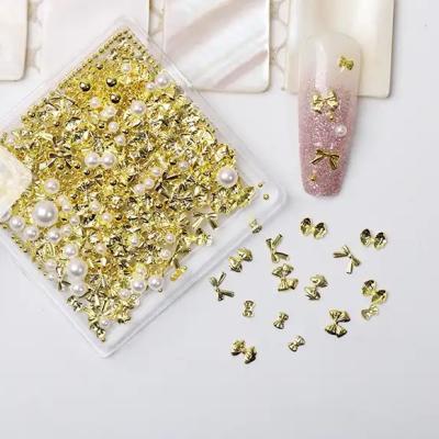 3D Metal Nail Art Gold Pearls Ribbons Bows